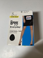 Leggs Everyday Control Top Pantyhose Jet Black Queen Sz 3 Pr Fits to 6'0"  200 