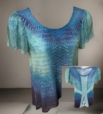 Unity World Wear Aqua Blue Flowy Mesh Lace Tunic Top Flutter Chiffon Slve Sz M
