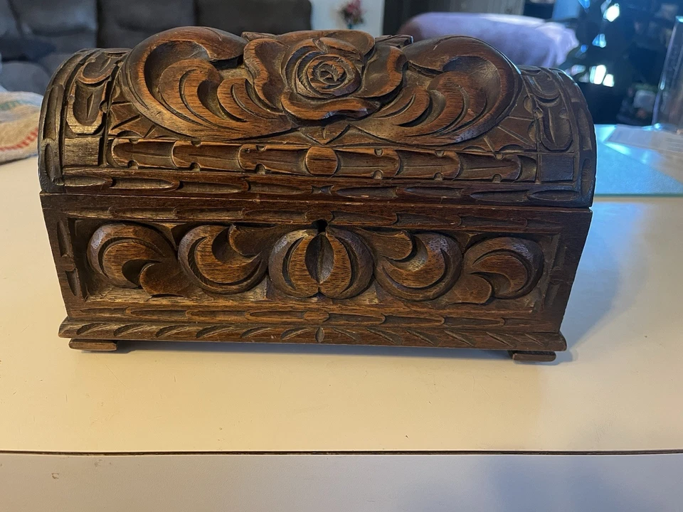 Vintage 1890-1920 Hand Carved Wooden Casket Domed Trinket Jewelry Box - Image 2 of 4