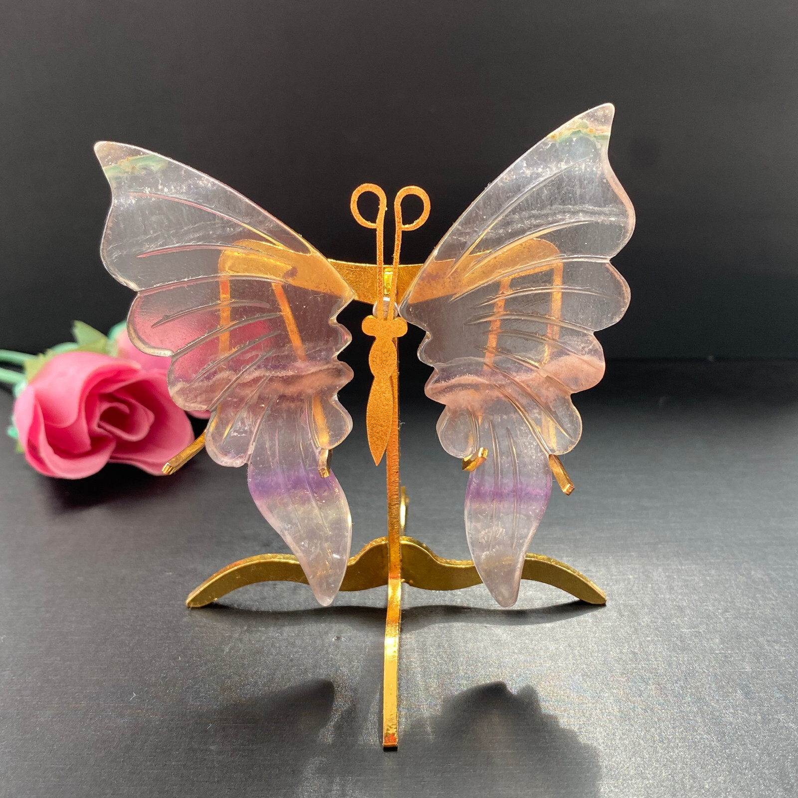 Natural Crystal Rainbow Fluorite Butterfly Wings Healing Statue Decor + Stand