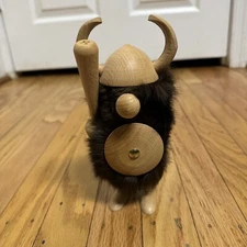 VTG Nordic Warrior Viking Gnome Carved Wood Statue Club Axe Shield Mid Century