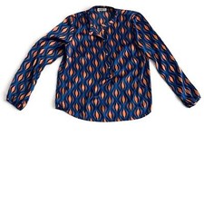 Gallery Navy Retro Style Long Sleeves Printed Pattern Blouse UK 14