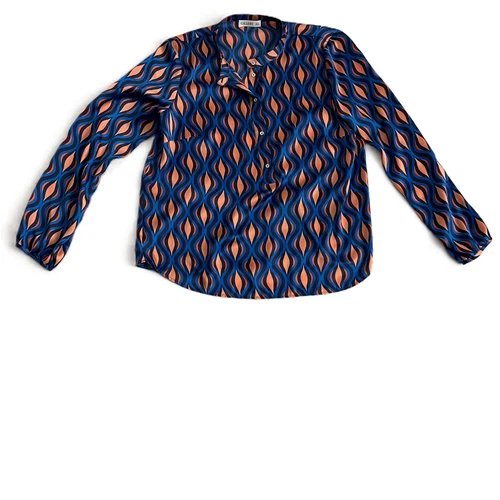 Gallery Navy Retro Style Long Sleeves Printed Pattern Blouse UK 14