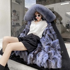 Cappotto donna con cappuccio vera pelliccia di volpe collo foderato lungo sopra il ginocchio parka soprabito invernale
