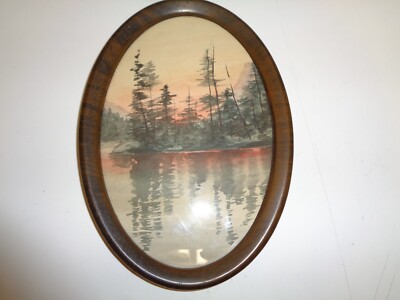 Naive Water Color Country Landscape Trees Lake Painting in Oval Frame