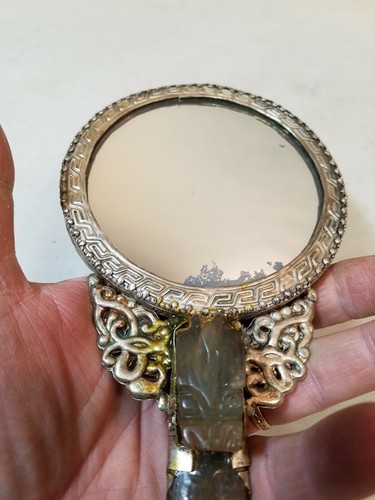 Antique 18th C. Nephrite Jade Belt Hook Set Into 19th C. Chinese Export Mirror - Picture 5 of 12