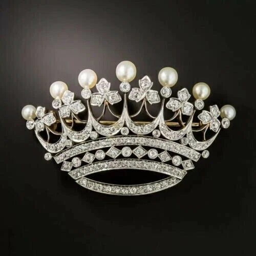 3Ct Round Simulated Wedding Crown Brooch Pin For Women's 14K White Gold Plated - Image 2 of 4