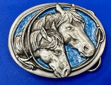 Two Horses Head Mom and Foal - Vintage U-10 Siskiyou Blue Enamel Belt Buckle