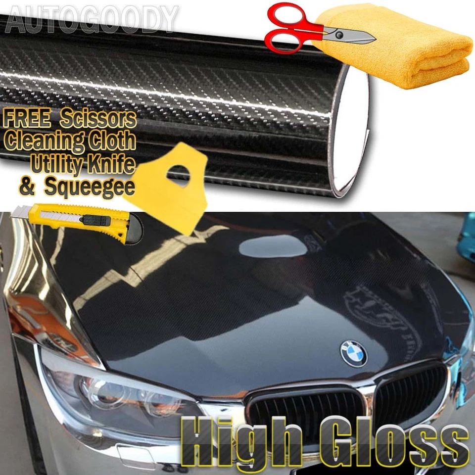 Película envolvente de vinilo de fibra de carbono negra 5D de alto brillo de 50 pies x 5 pies burbuja sin aire 6D Foto 2 de 4