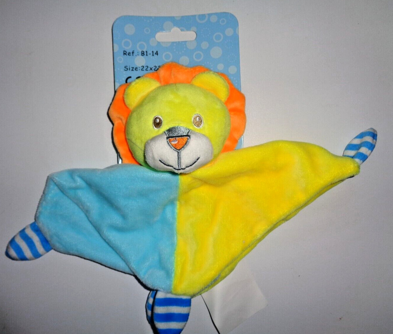 Doudou plat lion Nanjing Action jaune bleu orange neuf pour éveil bébé