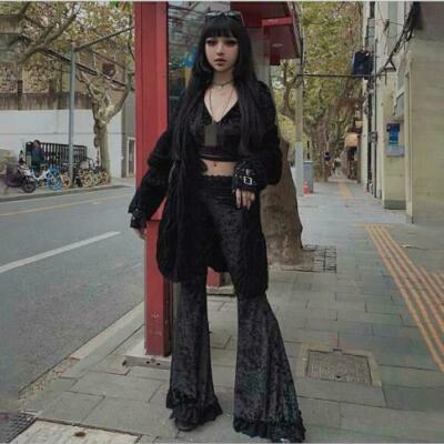 Womens Gothic Velvet Lace Trim High Waist Bell-bottoms Pants