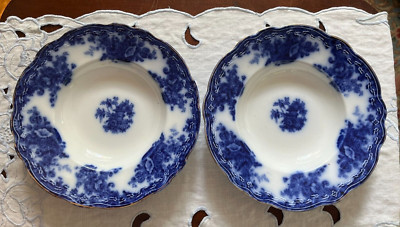 ARTHUR WILKINSON ROYAL STAFFORDSHIRE ARCADIA FLOW BLUE 2 RIMMED SOUP BOWLS 1907