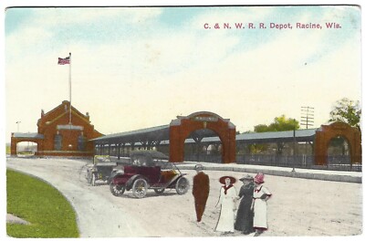 RACINE WI Postcard C&NW RR RAILROAD Depot Train Station, 1913 FLORENCE ...