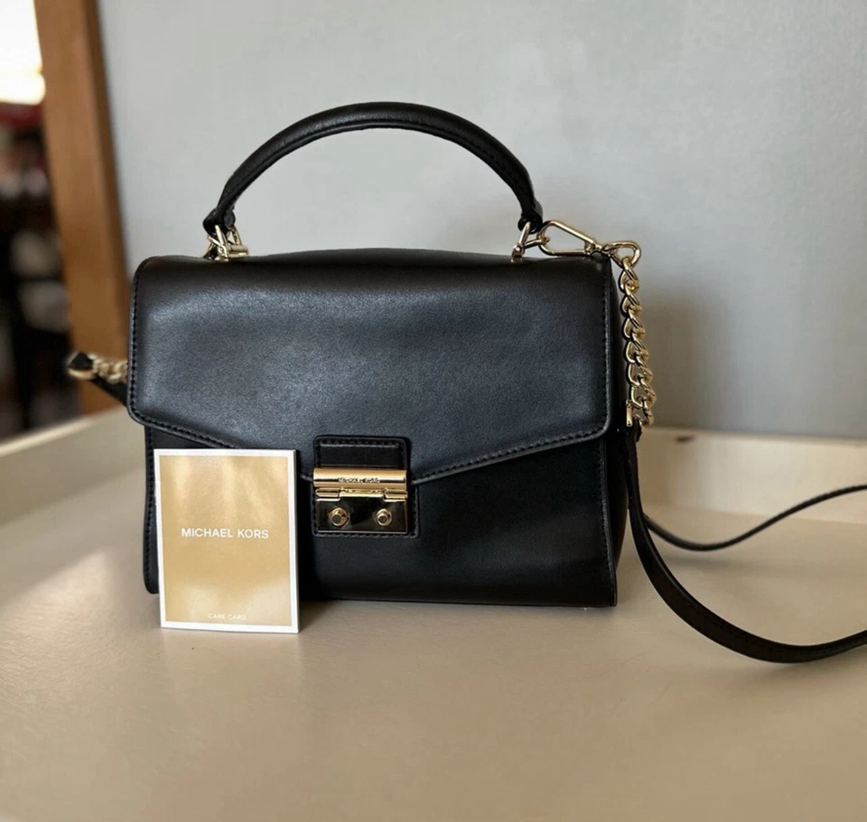 Michael Kors MK Womens Sloan Medium Leather Satchel Black Crossbody Bag, Purse - Image 2 of 4