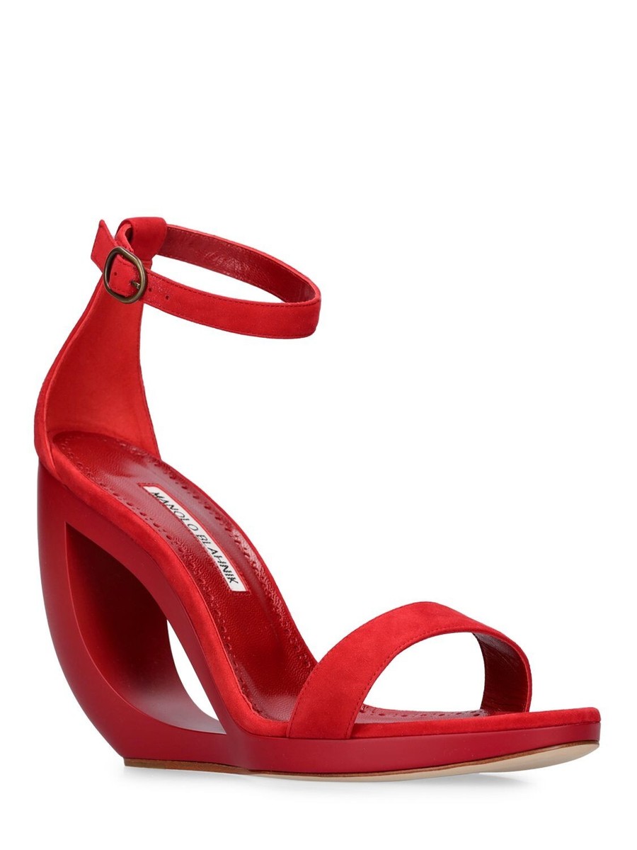 MANOLO BLAHNIK Rocar Red Suede 105mm Wedge Sandals New And