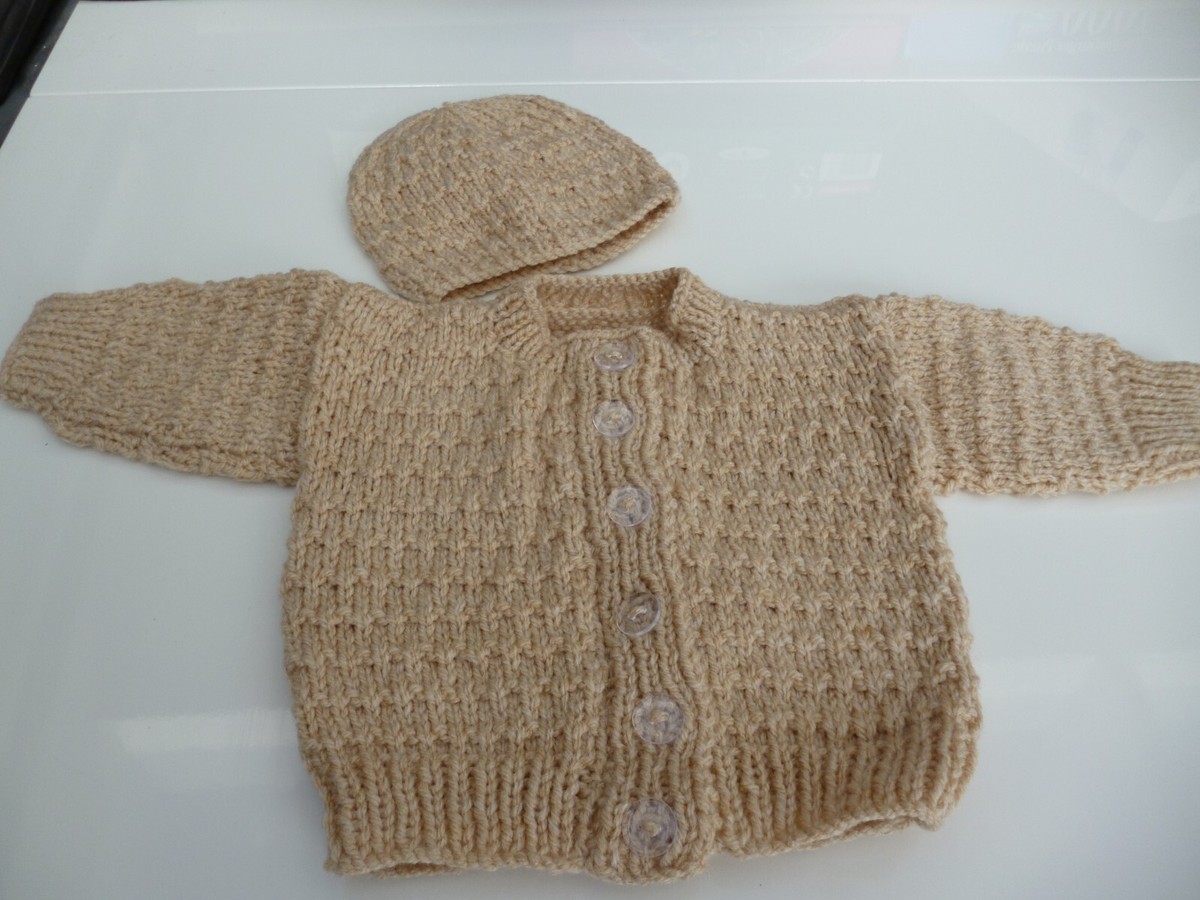 Baby Cardigan Hat 0-3 Months Hand Knitted Light Brown Toffee
