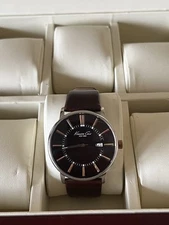 Kenneth Cole Reaction Watch Men Silver Tone Date Leather Band!!