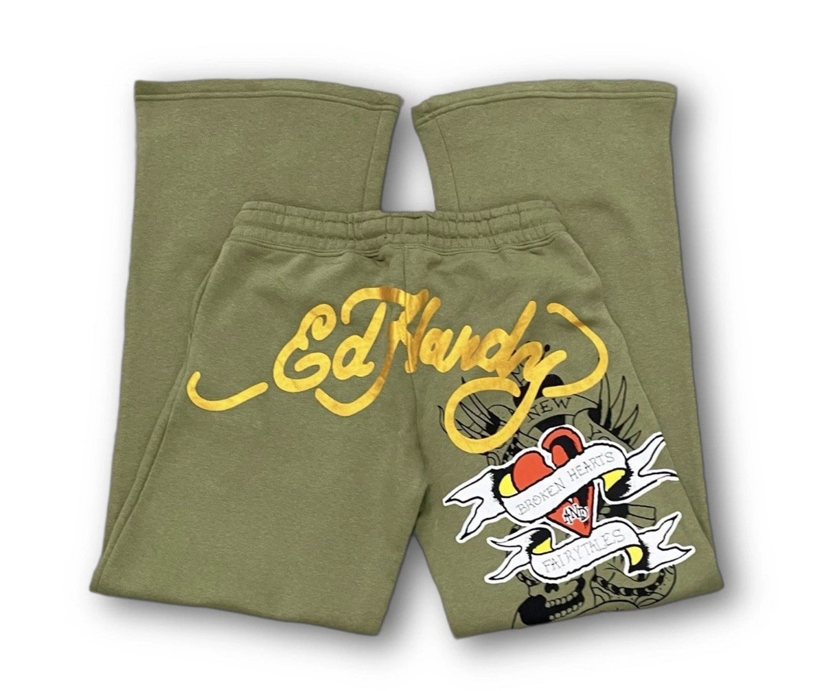 Ed Hardy Broken Hearts Flared Sweatpants Womens Sz XL Sage Green