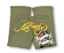 Ed Hardy Broken Hearts Flared Sweatpants Womens Sz XL Sage Green Y2K Tattoo NEW