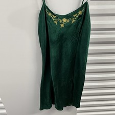 Victoria s Secret Gold Embroidered 100 Silk Green Slip Dress Nightgown M