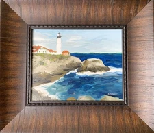 Framed Original Oil Painting Portland Head Lighthouse Seascape Signed 13x15"