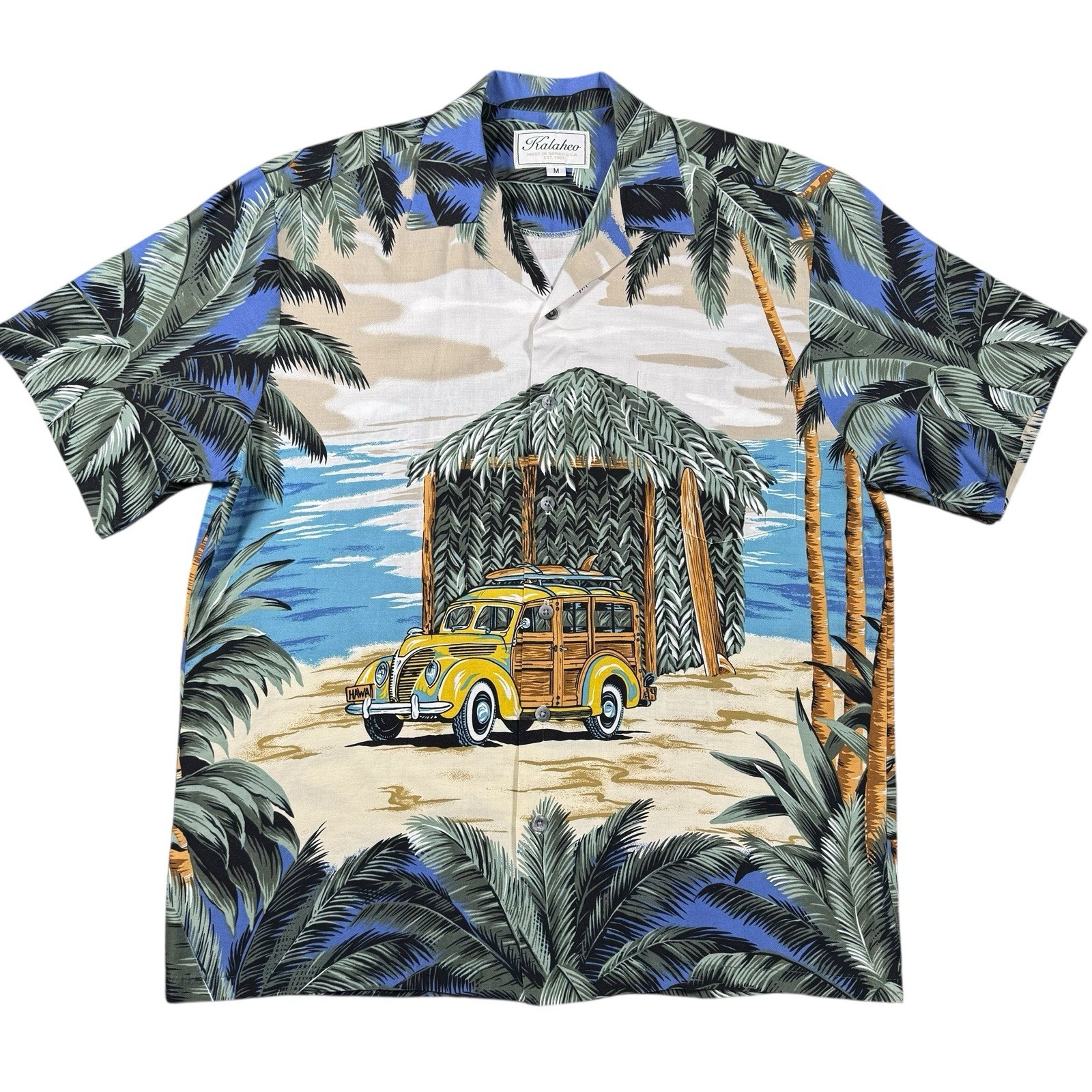 Kalaheo Men’s Medium Hawaiian Shirt Woody Car Beach Scene Made in Hawaii USA