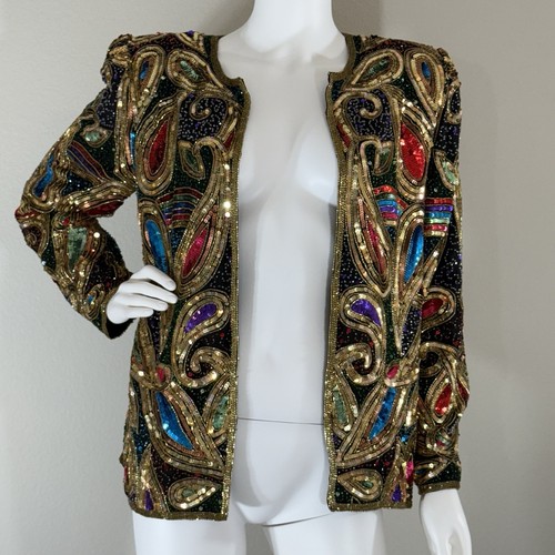 Lawrence Kazar Paisley Sequin Silk Jacket Party Gold Colorful Mardis Gras Sz S - Picture 4 of 23