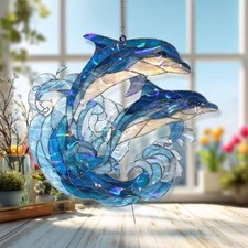 Dolphins Ocean Wave Acrylic Suncatcher, Blue Sea Decor Hanging