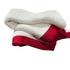 Pottery Barn Kids Knit Baby Blanket Cream Red Trim NEW