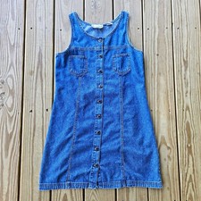 Vintage 90s Bugle Boy Denim Button Front Mini Jumper Dress Cinch Back Size 6