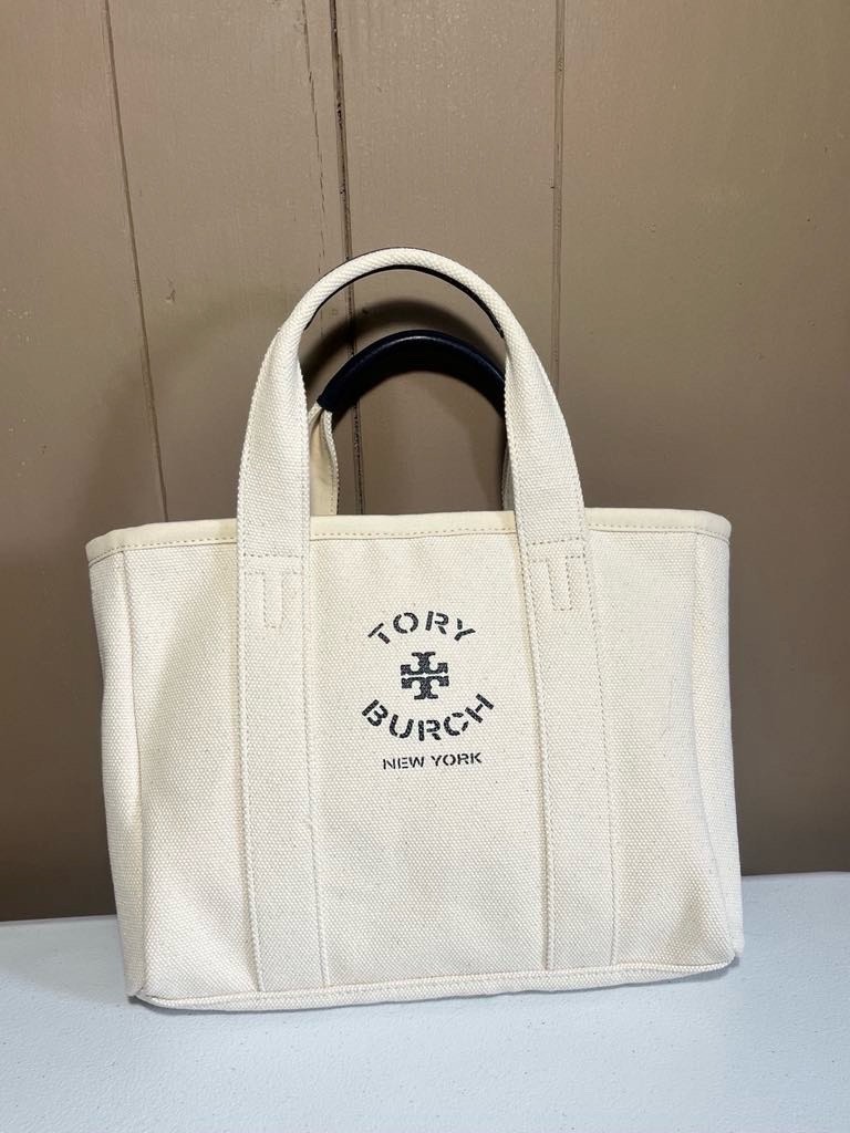 Tory Burch Mini Mercer Ivory Canvas Tote Bag Coastal Beach Style