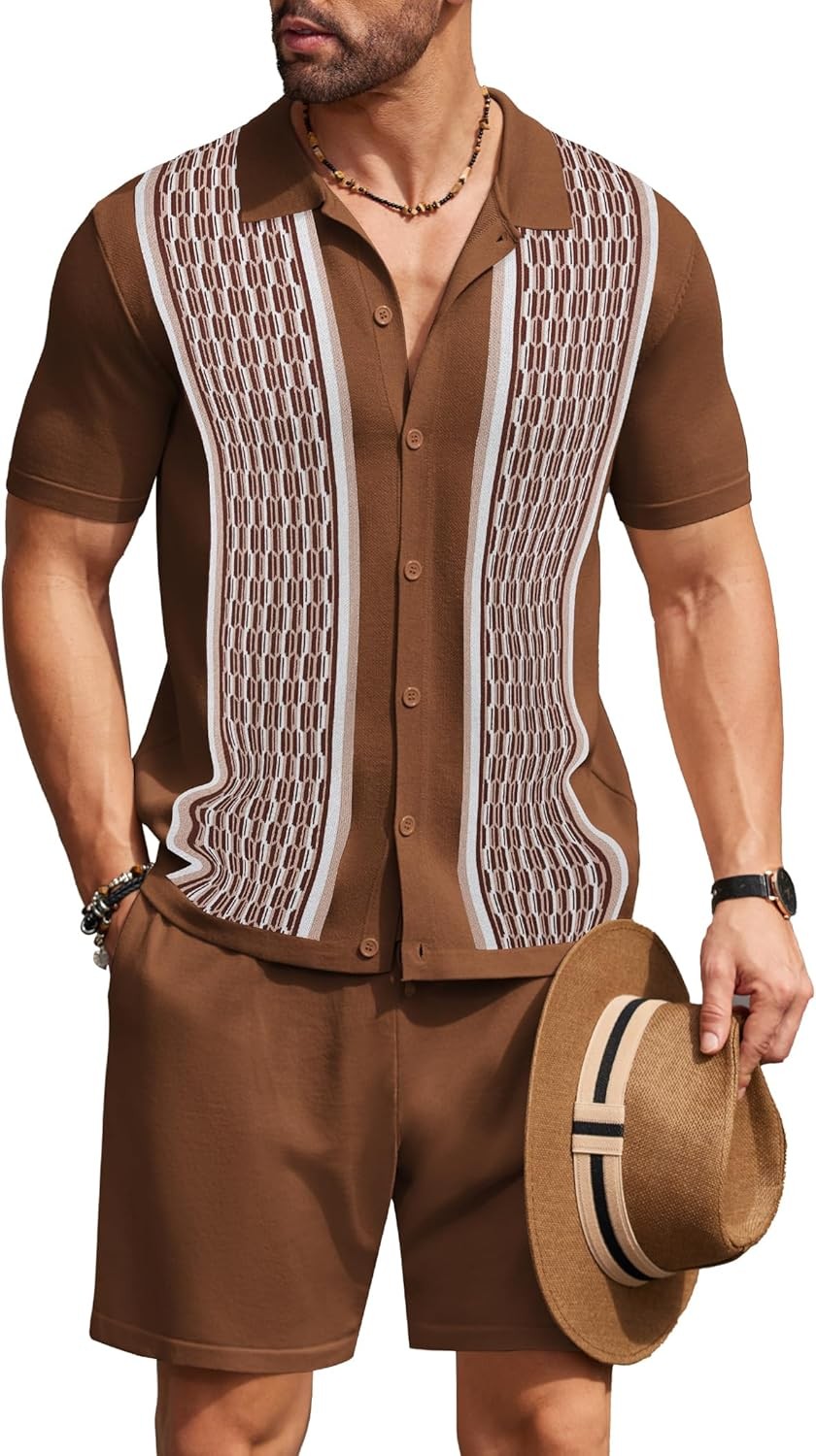 Men's 2 Piece Outfit Vintage Short Sleeve Button Down Knit Polo Shirts