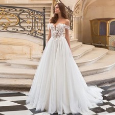 Boho A-line Wedding Dresses Off Shoulder Lace Appliques Button V-neck Bridal