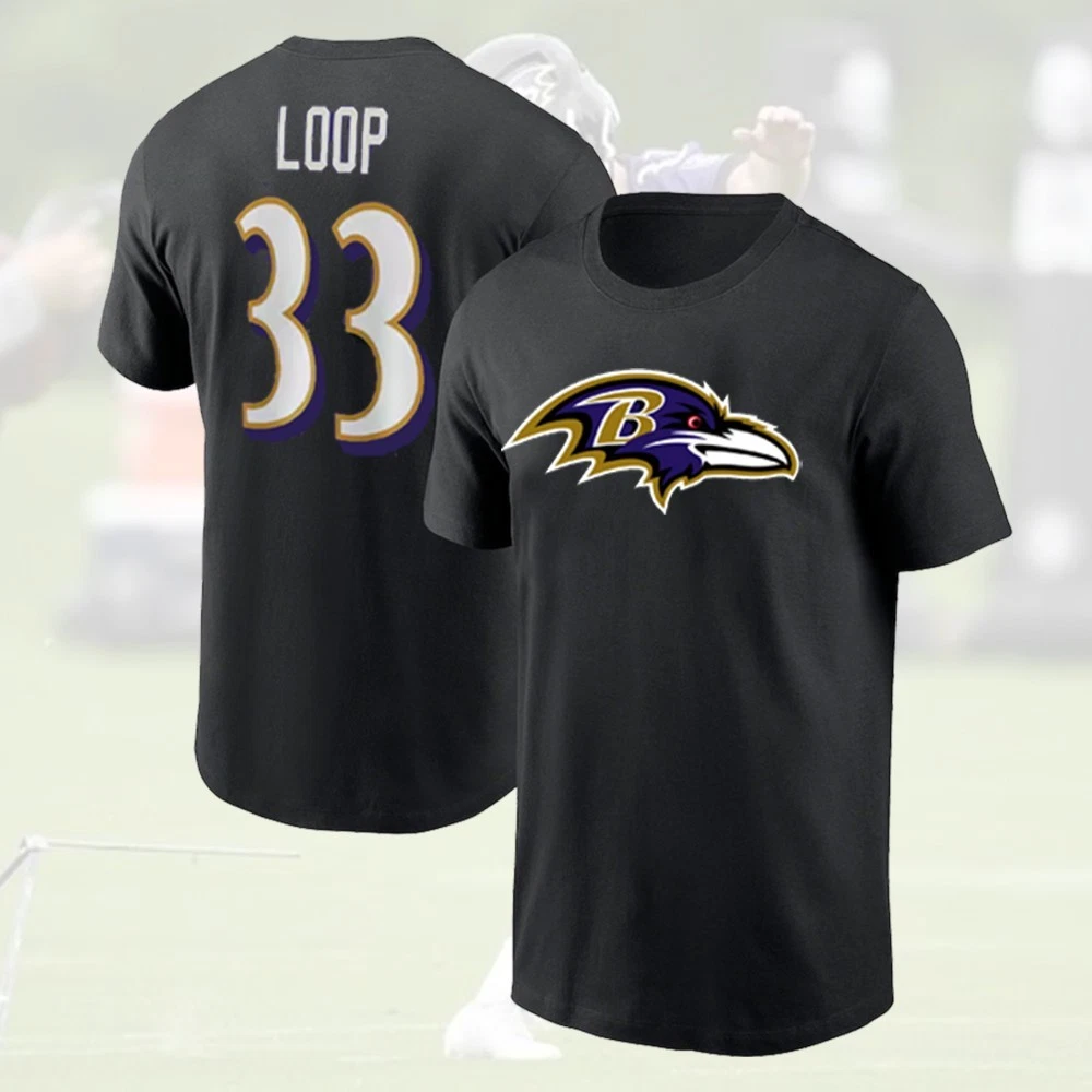 Tyler Loop #33 Baltimore Ravens 2025 Player Name & Number Double Sided T-Shirt