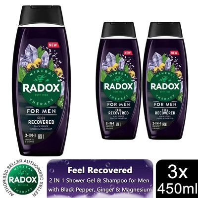 3x Radox Mineral Therapy Feel Recovered 2in1 Shower Gel & Shampoo for Men, 450ml
