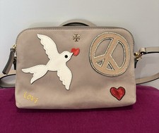 Tory Burch Love & Peace Collection Suede Leather Crossbody Purse in Gray Dove