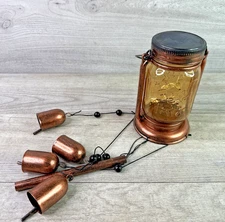 Unbranded Solar Lit Glass Jar Embossed Be Happy & Fairy Wind Chime Copper Tone