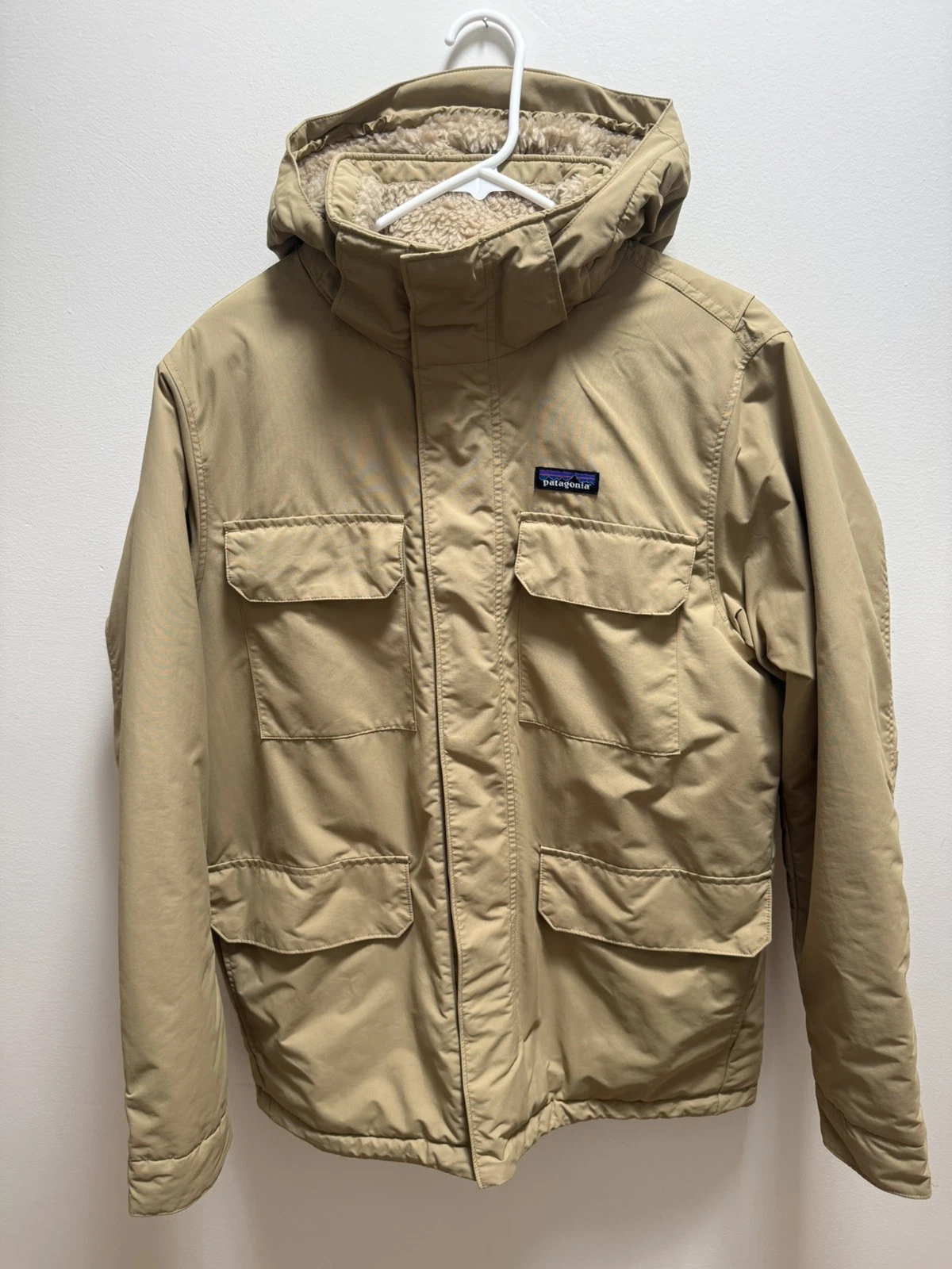 Patagonia Isthmus Parka Men's M Tan Hooded Fleece Lined Insulated Jacket 27022