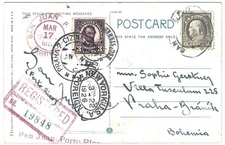 1926 Puerto Rico Registered Postcard to Prague 3c+15c NY Foreign Transit