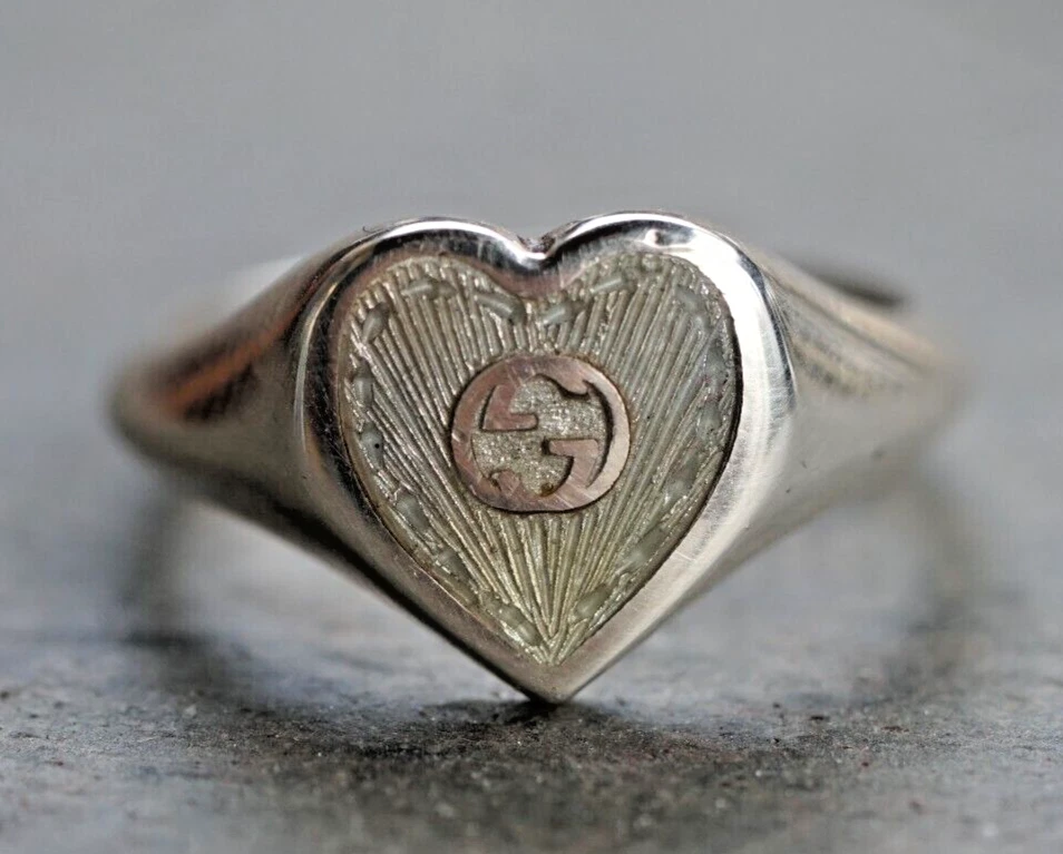 GUCCI Green Enamel HEART Interlocking G Ring 925 Sterling Silver