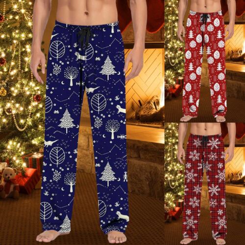 Mens Cotton Pyjamas Flannel Printed Lounge Pants Christmas Trouser PJ Nightwear