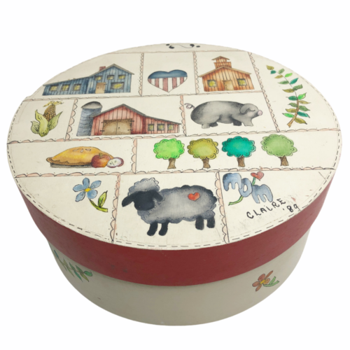 Folk Art Round Box Shaker Style Hand Painted Signed Primitive Americana Farm - Photo 1 sur 11