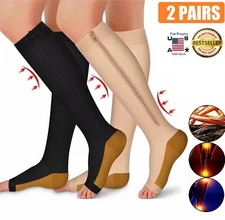 2 PAIRS Zip Up open Toe Compression Zipper Socks Calf Support Stocking Women Men