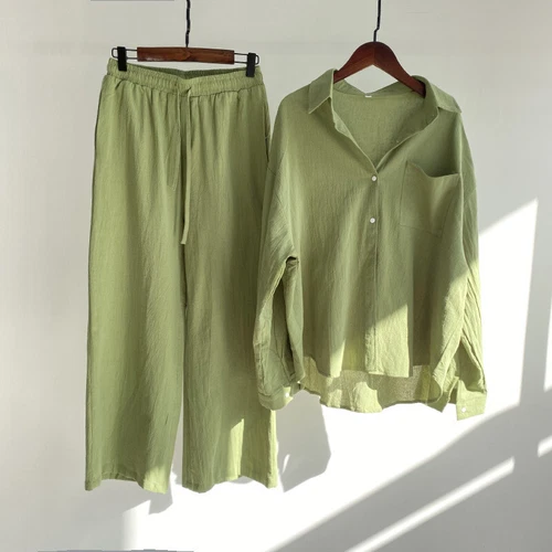 Women Lady Summer Solid Color Cotton Linen Suit Lapel Long Sleeve Top Leg Pants - Bild 6 von 42