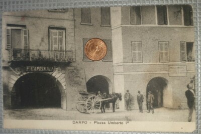 Vintage postcard landscape Italy Brescia Darfo piazza Umberto I horse cart