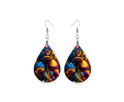 Mushrooms Print Wood Dangle Teardrop Print Earrings Jewelry