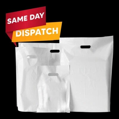 AMICOPACKAGING 500 bolsas de transporte con mango de parche de plástico blanco para compras y paños 15 x 18 x 3"