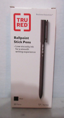 12 Pk Tru Red Ballpoint Stick Pens Smooth Writing Experience Black Ink 1.0mm Tip