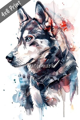 #ad Dog Siberian Husky in futuristic outfit watercolor Art 4x6 Print $8.40