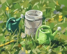 Original Plein Air Painting- Green Watering Cans - 8 x 10 inch by John Wallie